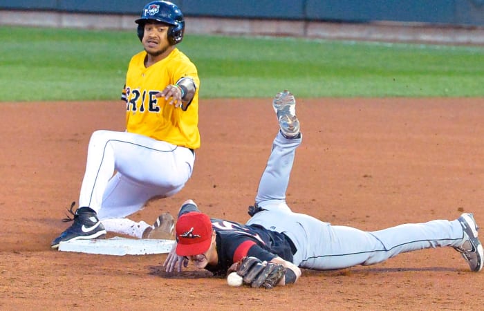 Erie SeaWolves baserunner Dane Myers slides into second base ahead of a throw to Richmond Flying Squirrels shortstop Tyler Fitzgerald. (2022)
